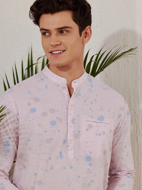 Red Flame Mandarin Collar Long Sleeves Abstract Printed Straight Cotton Kurta - Image 2