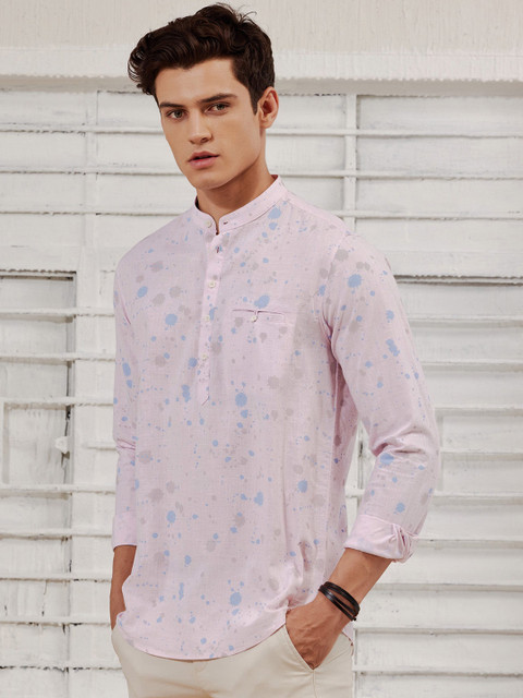 Red Flame Mandarin Collar Long Sleeves Abstract Printed Straight Cotton Kurta - Image 4