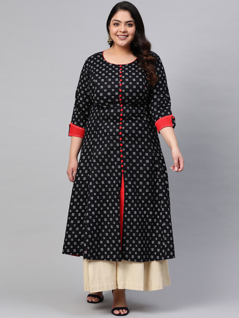 KALINI Women Geometric Printed Round Neck Roll-Up Sleeves Thread Work A-Line Cotton Kurta