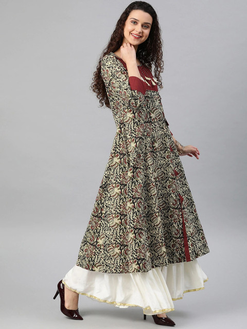 KALINI Round Neck Floral Printed Cotton Anarkali Kurta - Image 3
