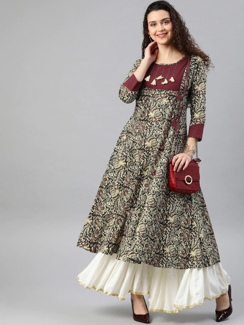 KALINI Round Neck Floral Printed Cotton Anarkali Kurta - Image 5