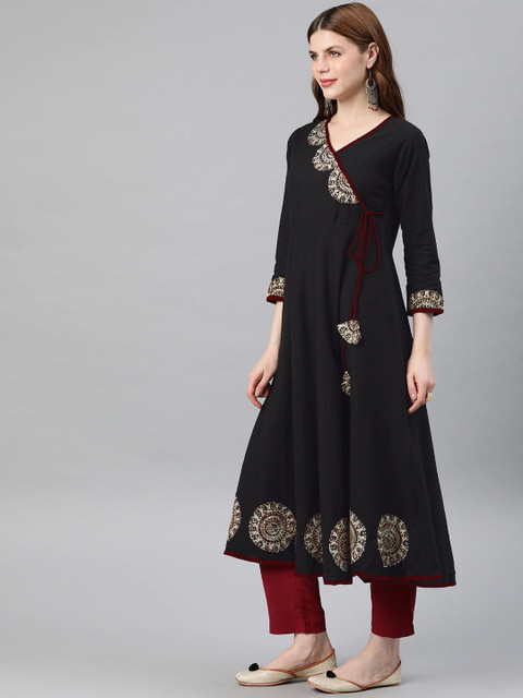 KALINI Geometric Yoke Design Flared Sleeves Thread Work Anarkali Kurta - Image 3