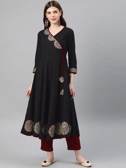 KALINI Geometric Yoke Design Flared Sleeves Thread Work Anarkali Kurta