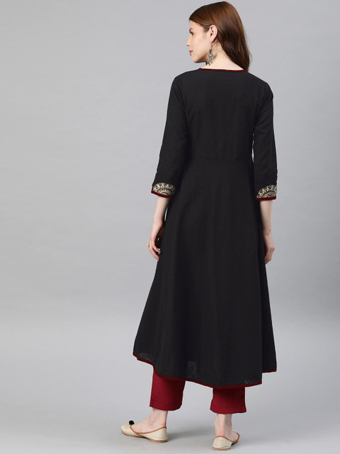KALINI Geometric Yoke Design Flared Sleeves Thread Work Anarkali Kurta - Image 4