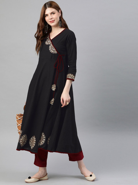 KALINI Geometric Yoke Design Flared Sleeves Thread Work Anarkali Kurta - Image 5