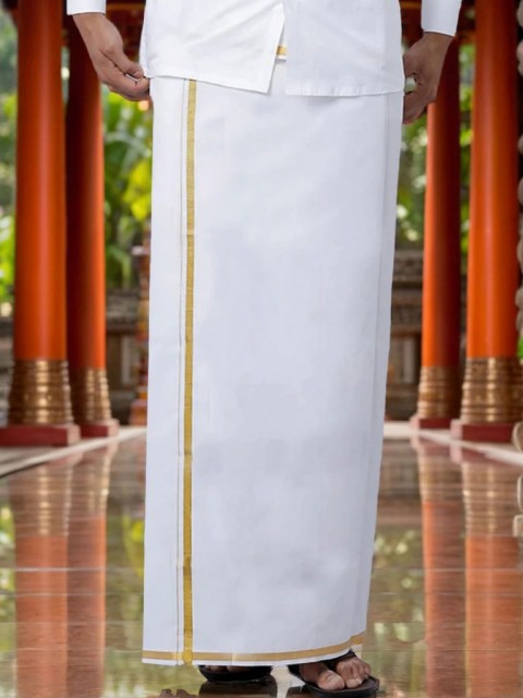 Ramraj Men Cotton White Solid Gold Jari Border Single Layer Dhoti