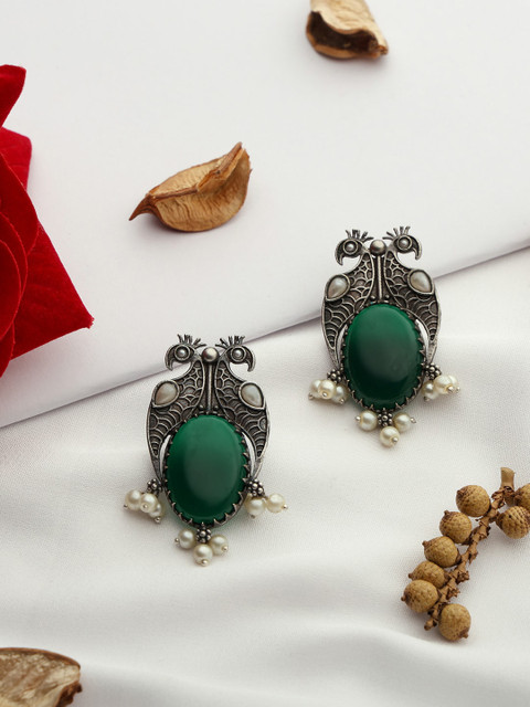 VENI 92.5 Silver-Plated Artificial Stones-Studded Oxidised Drop Earrings