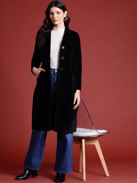 all about you Velvet Finish Stand Collar Longline Overcoat