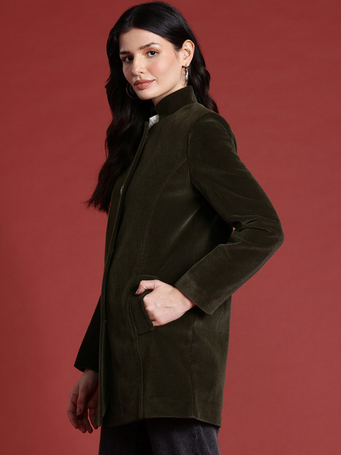 all about you Velvet Finish Stand Collar Longline Overcoat - Image 3