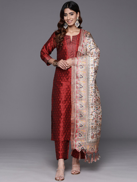 Varanga Maroon Zari Work textured Kurta with Trouser and Printed Dupatta