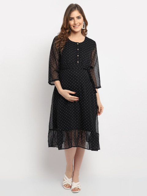 Moms Maternity Round Neck Georgette Maternity Fit & Flare Midi Dress