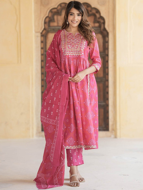 KALINI Bandhani Embroidered Regular Thread Work Pure Cotton Kurta with Trousers & Dupatta