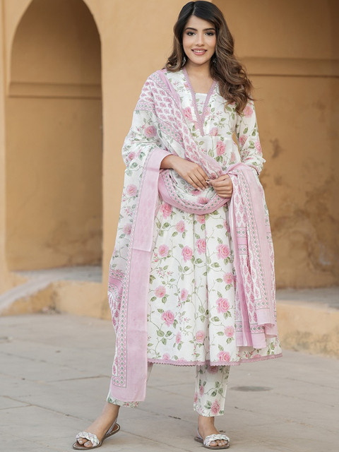 KALINI V Neck Floral Printed Cotton Anarkali Kurta with Trouser & Dupatta