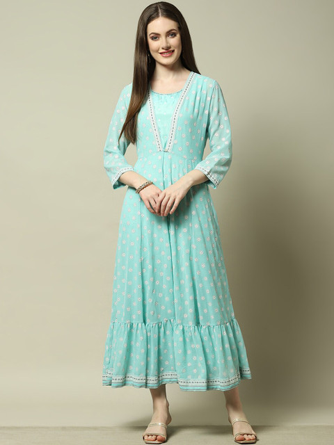 Rangriti Round Neck Ethnic Motifs Print A-Line Maxi Dress