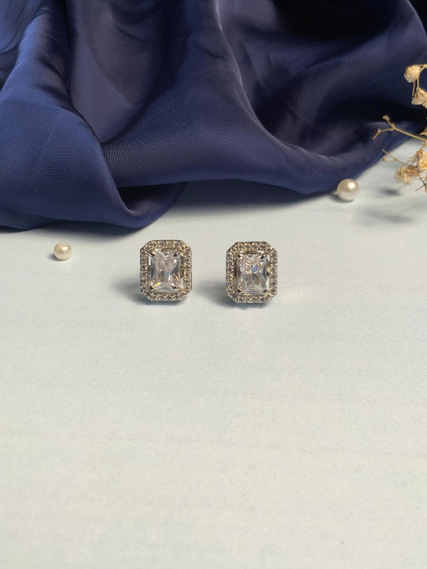 Anouk Silver-Toned Silver-Plated American Diamond Geometric Shaped Stud Earrings