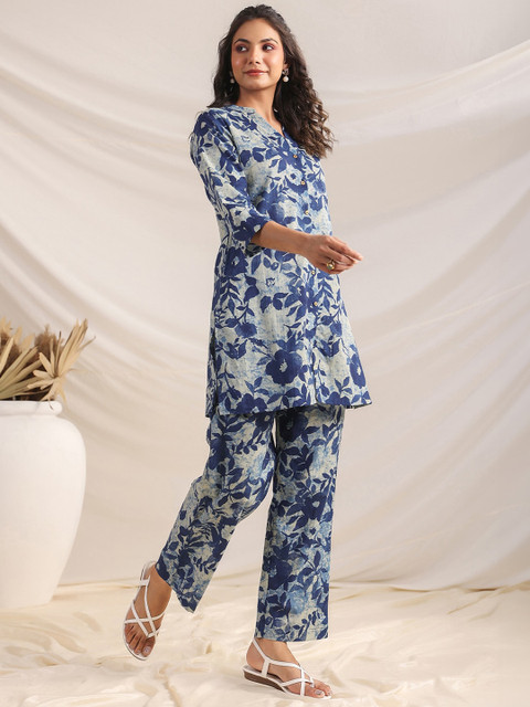 Janasya Women's Indigo Pure Cotton Floral Printed Regular Co-ord Set - Image 4