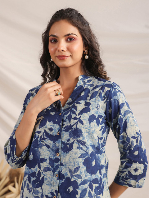 Janasya Women's Indigo Pure Cotton Floral Printed Regular Co-ord Set - Image 2