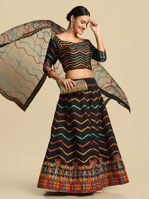 KALINI Embroidered Thread Work Semi-Stitched Lehenga & Unstitched Blouse With Dupatta