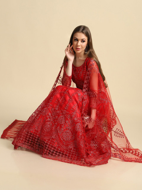 KALINI Embroidered Thread Work Semi-Stitched Lehenga & Unstitched Blouse With Dupatta