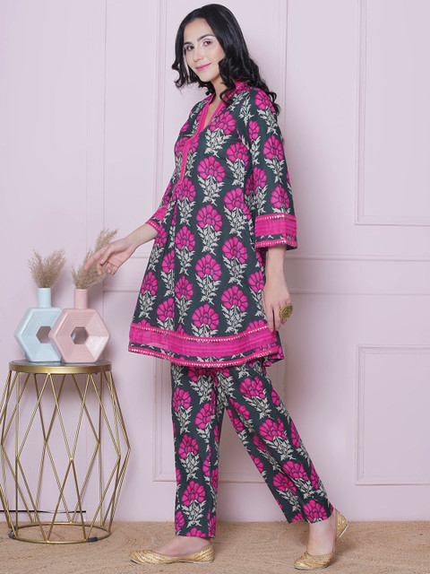 Bhama Couture Floral Printed V-Neck Pure Cotton Tunic with Trousers - Image 4