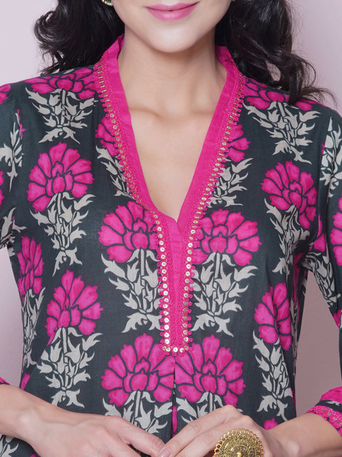 Bhama Couture Floral Printed V-Neck Pure Cotton Tunic with Trousers - Image 2