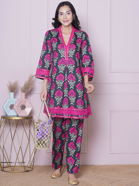 Bhama Couture Floral Printed V-Neck Pure Cotton Tunic with Trousers
