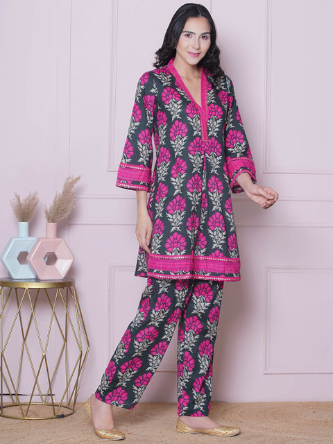 Bhama Couture Floral Printed V-Neck Pure Cotton Tunic with Trousers - Image 6