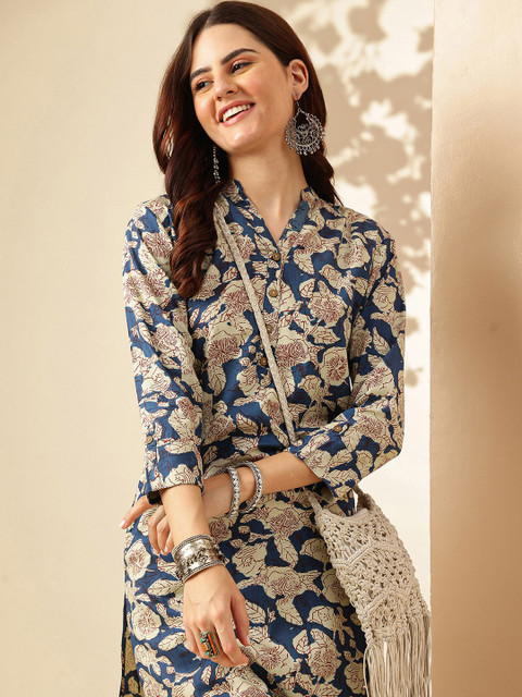Anouk Navy Blue Floral Printed Mandarin Collar Cotton Straight Kurta