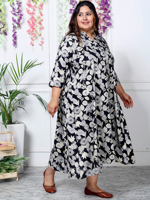 Swasti Plus Size Floral Printed Mandarin Collar Shirt Dress - Image 3