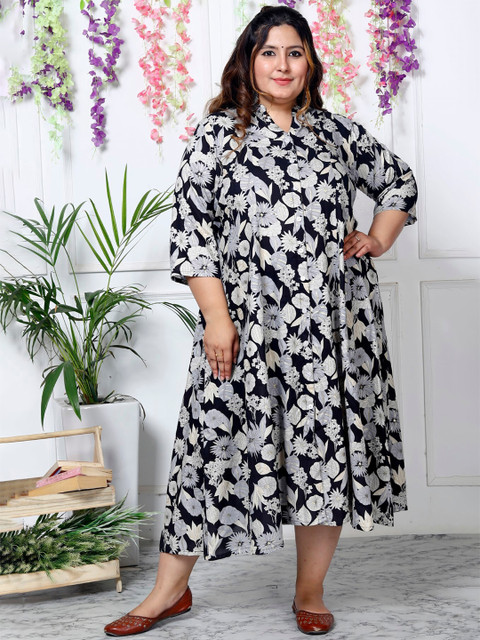 Swasti Plus Size Floral Printed Mandarin Collar Shirt Dress - Image 6