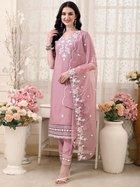 KALINI Floral Embroidered Thread Work Chanderi Cotton Kurta with Trousers & With Dupatta