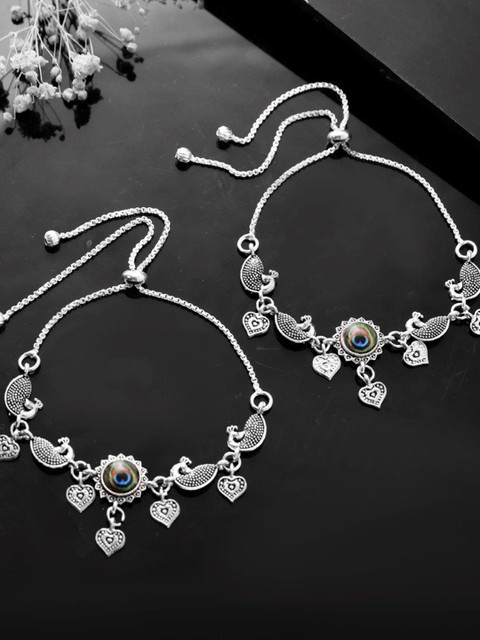 VOJ Set Of 2 Silver Plated Stainless Steel Peacock Anklets