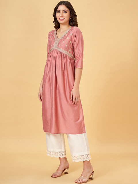 RANGMANCH BY PANTALOONS Yoke Design V-Neck Empire Thread Work A-Line Kurta - Image 3