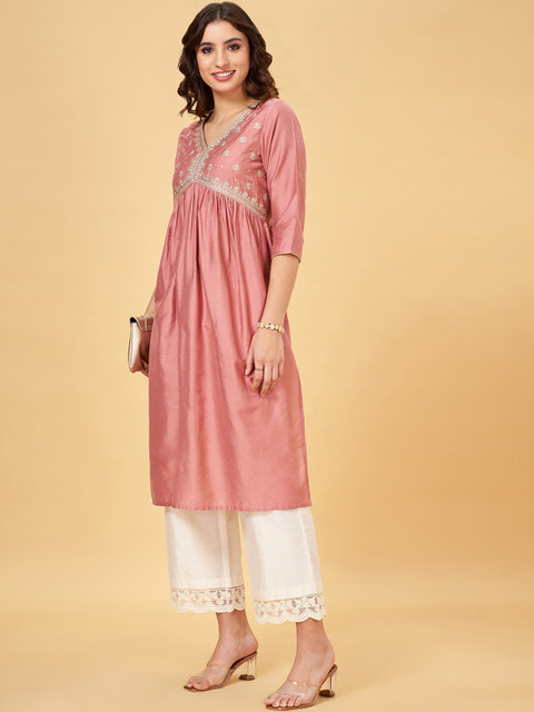 RANGMANCH BY PANTALOONS Yoke Design V-Neck Empire Thread Work A-Line Kurta - Image 5