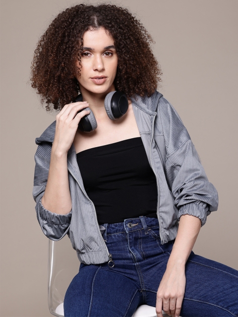 The Roadster Lifestyle Co. Self-Striped Hooded Crop Tailored Jacket