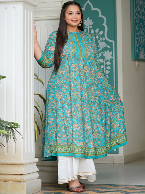 KALINI Plus Size Floral Printed Thread Work Anarkali Kurta - Image 3