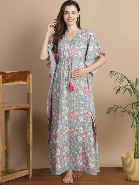 Secret Wish Floral Printed V-Neck Pure Cotton Maxi Maternity Kaftan Nightdress