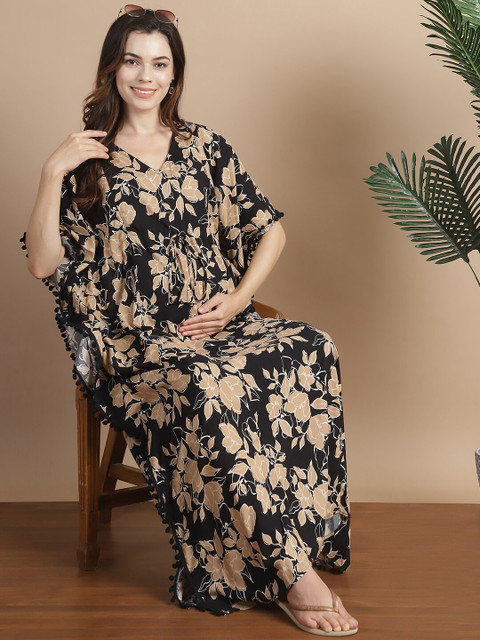 Secret Wish Floral Printed V-Neck Maxi Maternity Kaftan Nightdress - Image 6