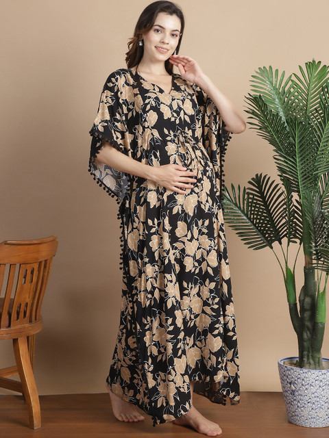 Secret Wish Floral Printed V-Neck Maxi Maternity Kaftan Nightdress - Image 3