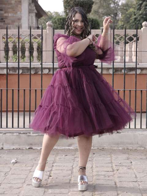 Swadeshi Shringaar Plus Size Square Neck Tiered Net Fit & Flare Dress - Image 3