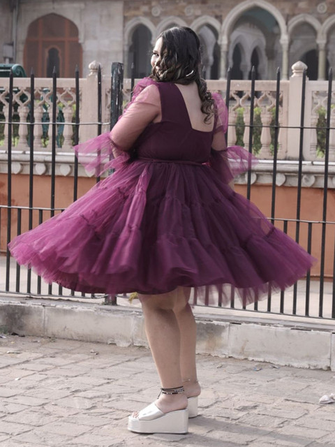 Swadeshi Shringaar Plus Size Square Neck Tiered Net Fit & Flare Dress - Image 4