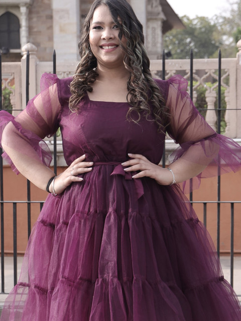 Swadeshi Shringaar Plus Size Square Neck Tiered Net Fit & Flare Dress - Image 2