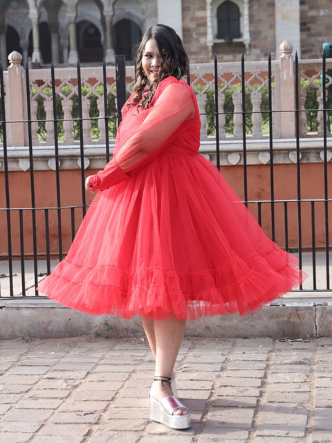 Swadeshi Shringaar Plus Size V-Neck Cuffed Sleeves Gathered Fit & Flare Dress - Image 3