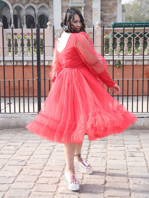 Swadeshi Shringaar Plus Size V-Neck Cuffed Sleeves Gathered Fit & Flare Dress - Image 5