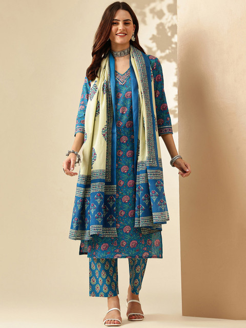 Anouk Floral Printed Regular Pure Cotton Kurta With Trousers & Dupatta