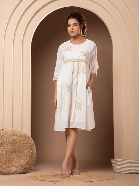 Nyaro Women Pure Cotton Embroidered A-Line Short Dress