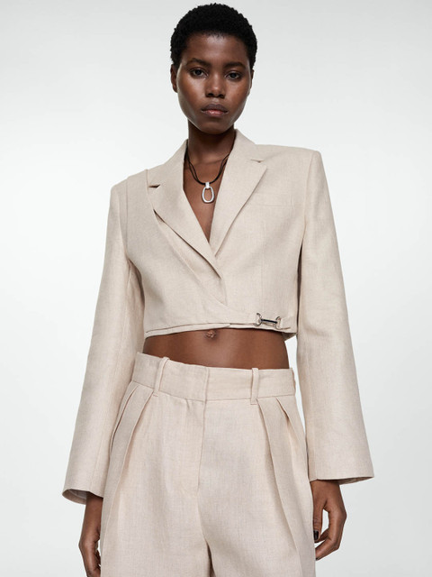MANGO Notched Lapel Collar Layered Detail Crop Blazer