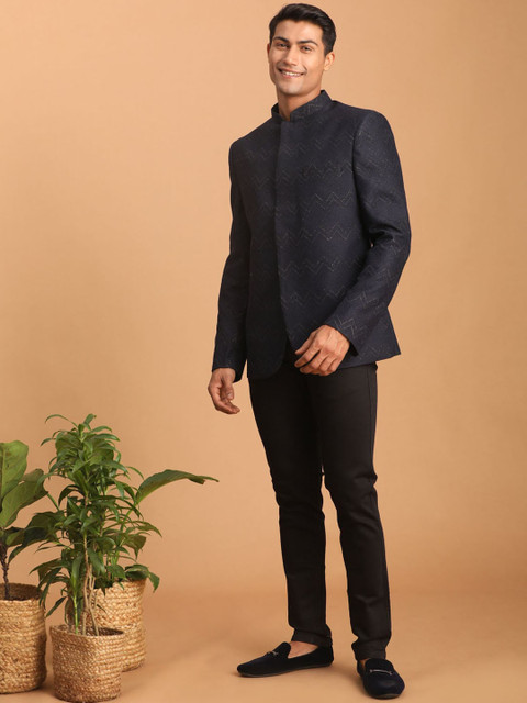 VASTRAMAY Men Self Design Mandarin Collar Silk Bandhgala Jodhpuri Blazer - Image 5