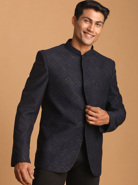VASTRAMAY Men Self Design Mandarin Collar Silk Bandhgala Jodhpuri Blazer - Image 3