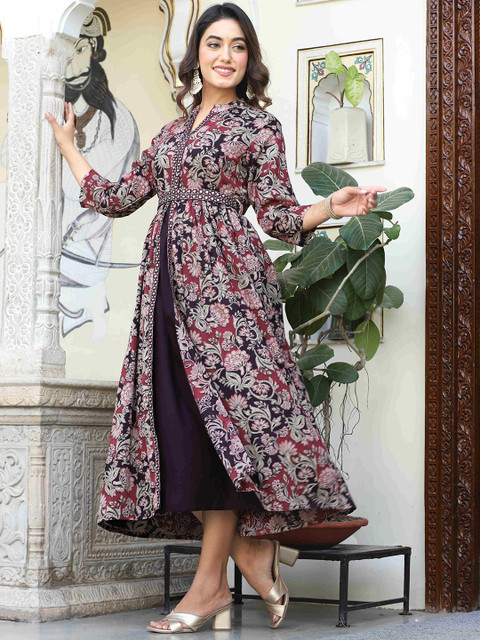 KALINI Floral Printed V-Neck Mirror Work Anarkali Kurta - Image 5